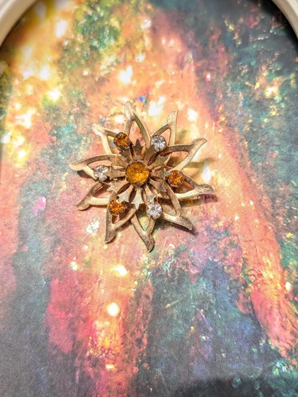 1940's - 1950's Floral Sunburst Brooch with Yellow & Silver Rhinestones, AS IS
